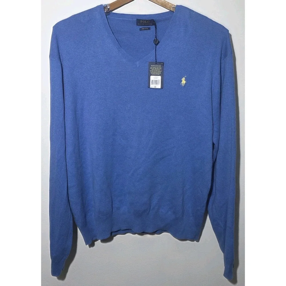 Polo Ralph Lauren Pima Cotton V‎ Neck Sweater Mens XXL Long Sleeves Pale Royal
